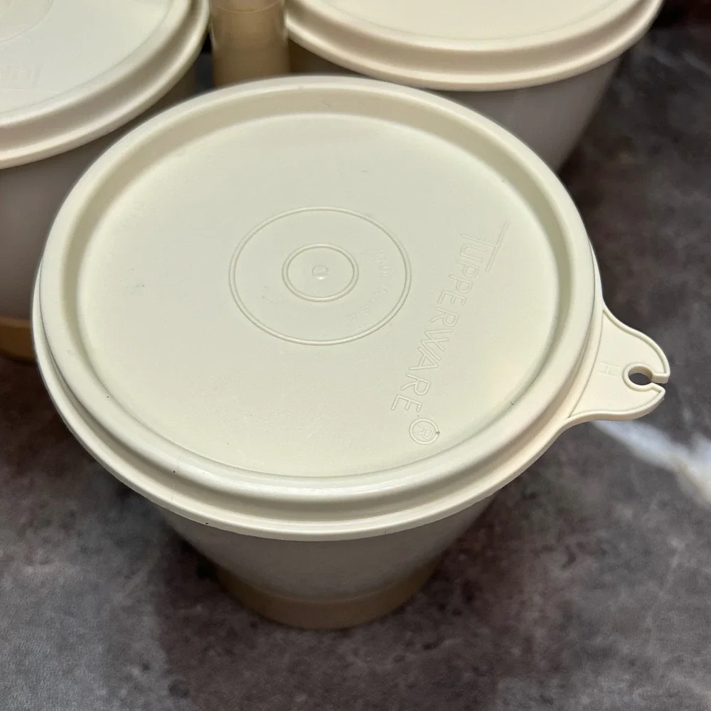 Vintage Tupperware Condiment Caddy 757-4 Almond White 3 Bowls Lids Handle Set